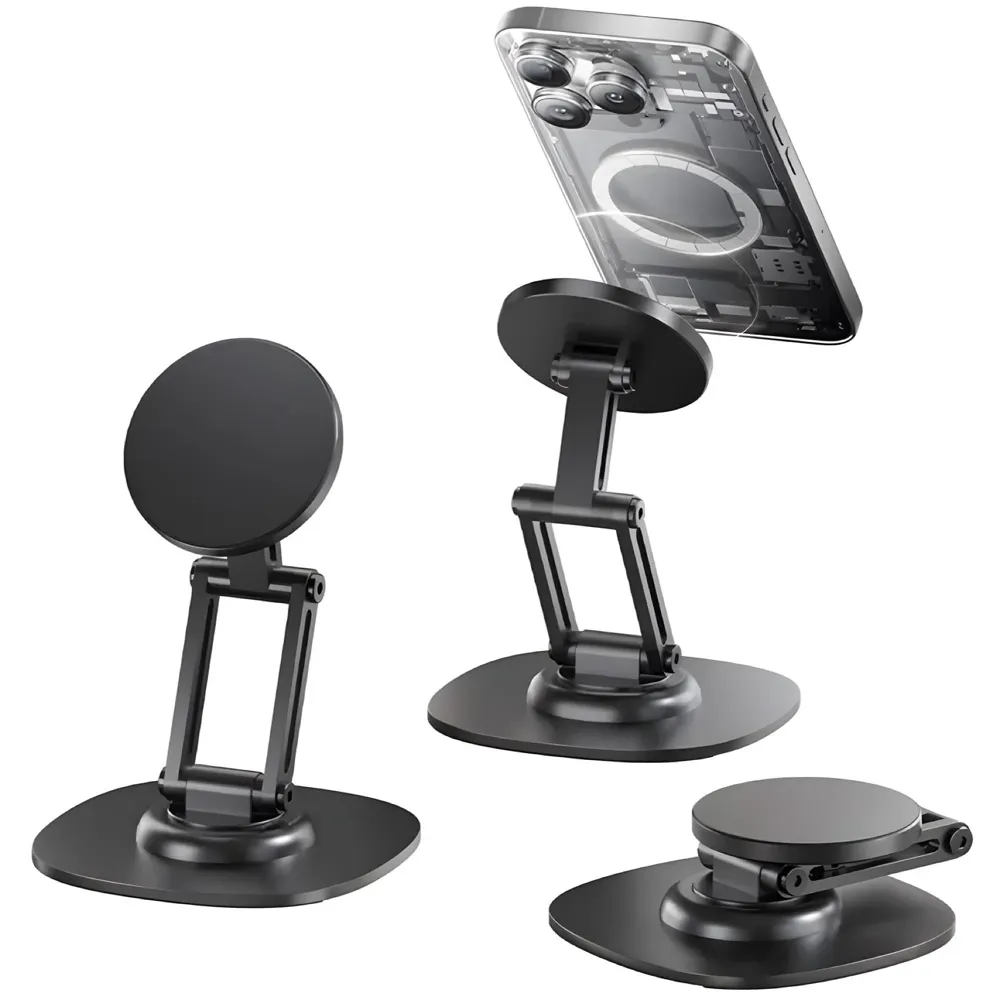 Magnetic Phone Stand Holder for Desk with Extra Magnet Rings, Sturdy and Stable, 360 Degree rotatable, Flexible 3 Angle Adjustments 10.8cm x 7.8cm x 9.6cm Metal Design, NOT A Charger