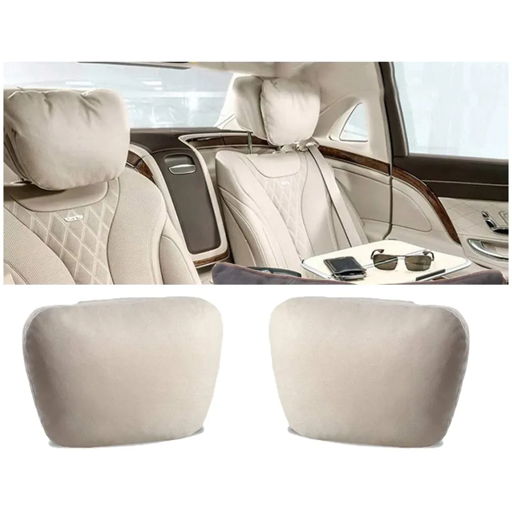 2pc Universal Car Soft Pillow Compatible with Mercedes Benz Maybach and All Other Cars Premium Suede Material Luxurious Headrest Ultra S Class Type Cushion Pack of 2 (Beige)