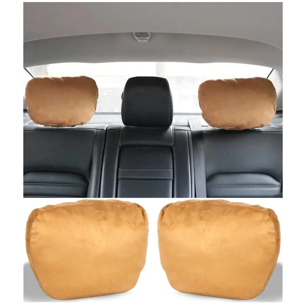2pc Universal Car Soft Pillow Compatible with Mercedes Benz Maybach and All Other Cars Premium Suede Material Luxurious Headrest Ultra S Class Type Cushion Pack of 2 (Tan)