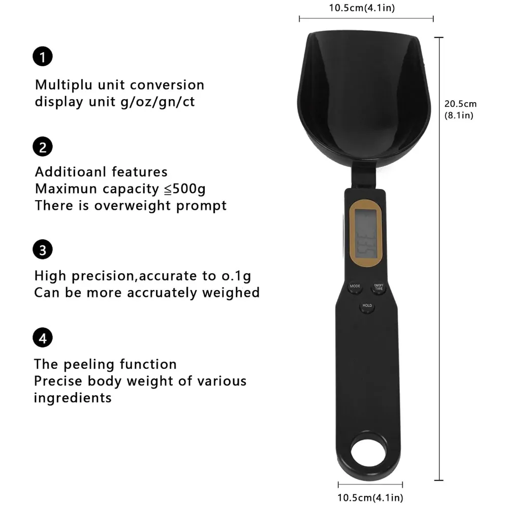 Digital Measuring Spoon Scale 500g/0.1g Gram Weighing Mini LCD Spoon Measure Digital Scale Pet food, Cooking black