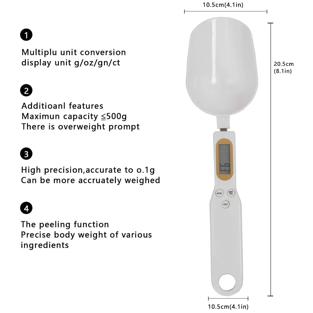Digital Measuring Spoon Scale 500g/0.1g Gram Weighing Mini LCD Spoon Measure Digital Scale Pet food, Cooking White - 3