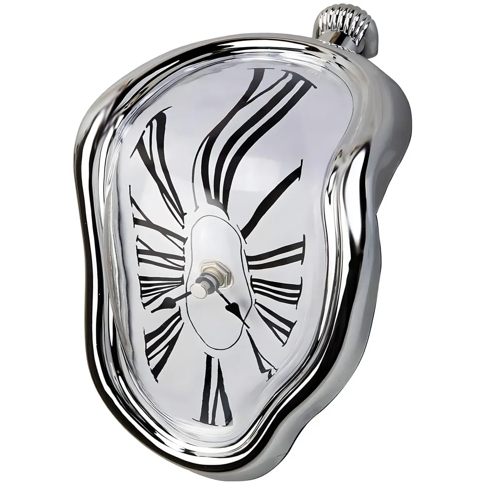 Melting Clock for Desk Shelf Home Decor Office Melted Design Decorative wall Clock - 4.5" W x 7" H - Silver - Analog Roman Numberics