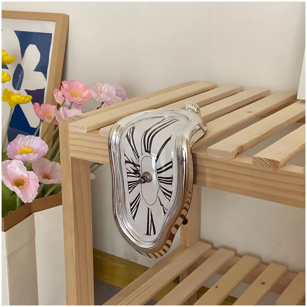 Melting Clock for Desk Shelf Home Decor Office Melted Design Decorative wall Clock - 4.5" W x 7" H - Silver - Analog Roman Numberics