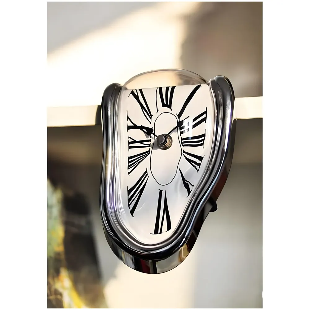 Melting Clock for Desk Shelf Home Decor Office Melted Design Decorative wall Clock - 4.5" W x 7" H - Silver - Analog Roman Numberics