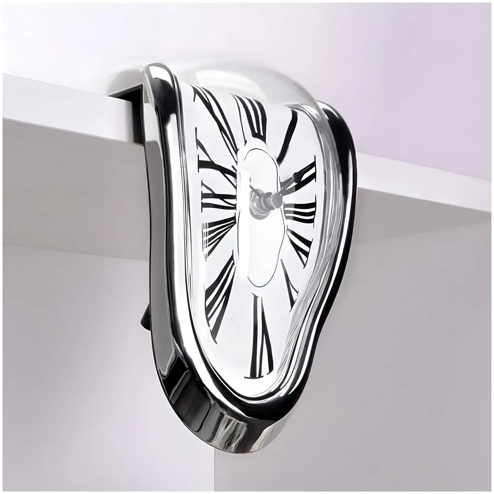 Melting Clock for Desk Shelf Home Decor Office Melted Design Decorative wall Clock - 4.5" W x 7" H - Silver - Analog Roman Numberics