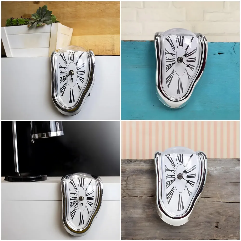Melting Clock for Desk Shelf Home Decor Office Melted Design Decorative wall Clock - 4.5" W x 7" H - Silver - Analog Roman Numberics