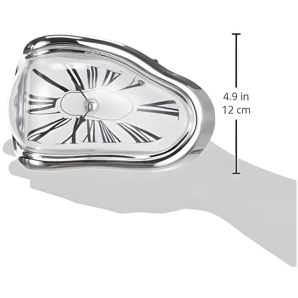 Melting Clock for Desk Shelf Home Decor Office Melted Design Decorative wall Clock - 4.5" W x 7" H - Silver - Analog Roman Numberics