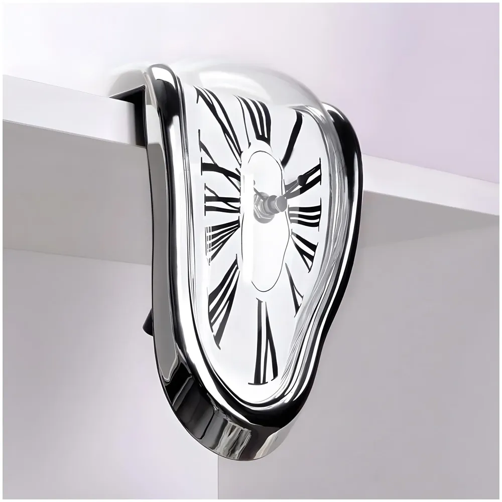 Melting Clock for Desk Shelf Home Decor Office Melted Design Decorative wall Clock - 4.5" W x 7" H - Silver - Analog Roman Numberics