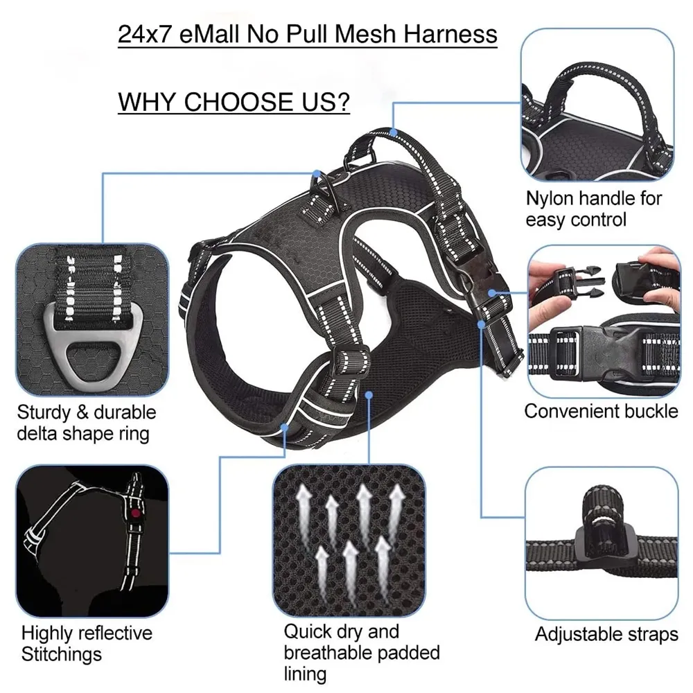 No Pull Dog Harness Mesh Breathable Adjustable Reflective Oxford Easy Control Comfortable Harness. (Black, Medium (15-21 Inch Girth))