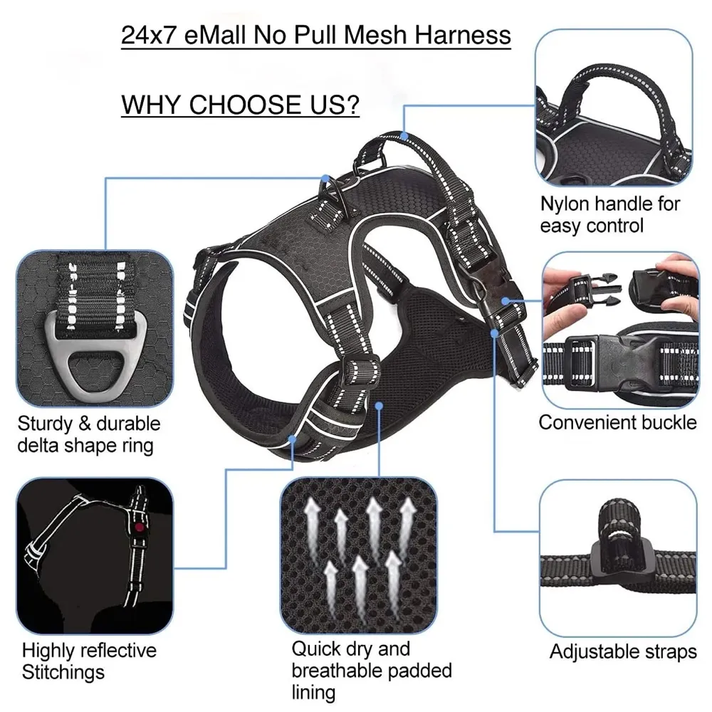 No Pull Dog Harness Mesh Breathable Adjustable Reflective Oxford Easy Control Comfortable Harness. (Black, XL (22-33 Inch Girth))