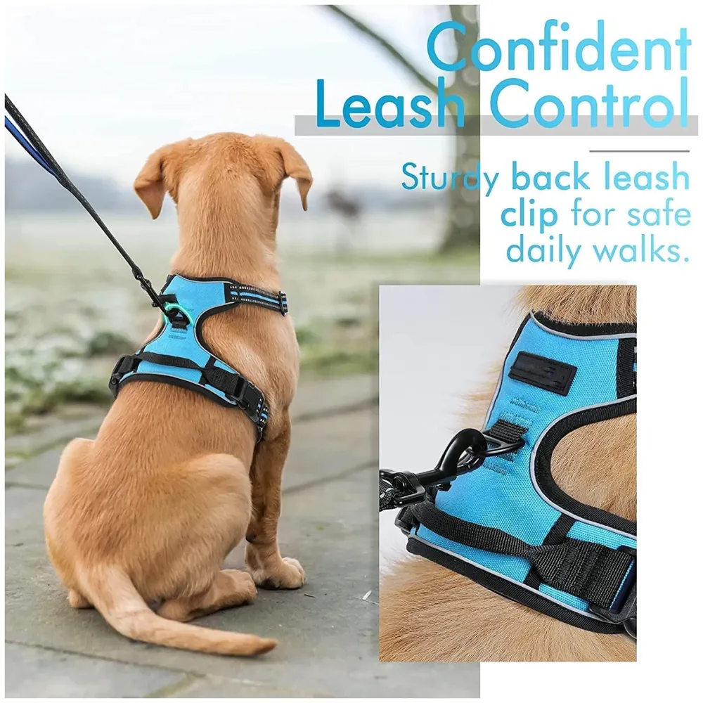Blue No Pull Dog Harness Mesh Breathable Adjustable Reflective Oxford Easy Control Comfortable Harness. Large 18-26 Inch Girth