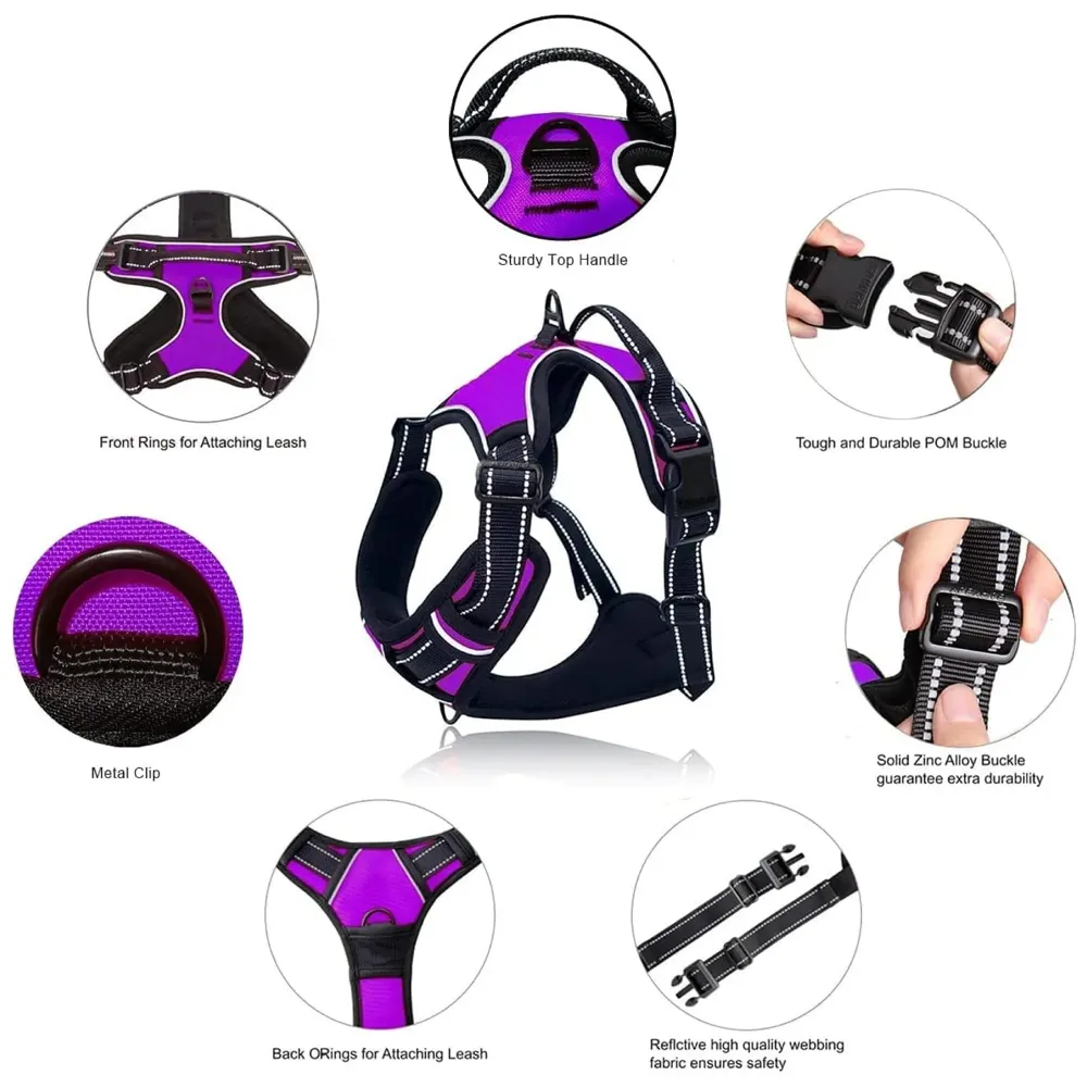 Purple No Pull Dog Harness Mesh Breathable Adjustable Reflective Oxford Easy Control Comfortable Harness. Purple Large 18-26 Inch Girth