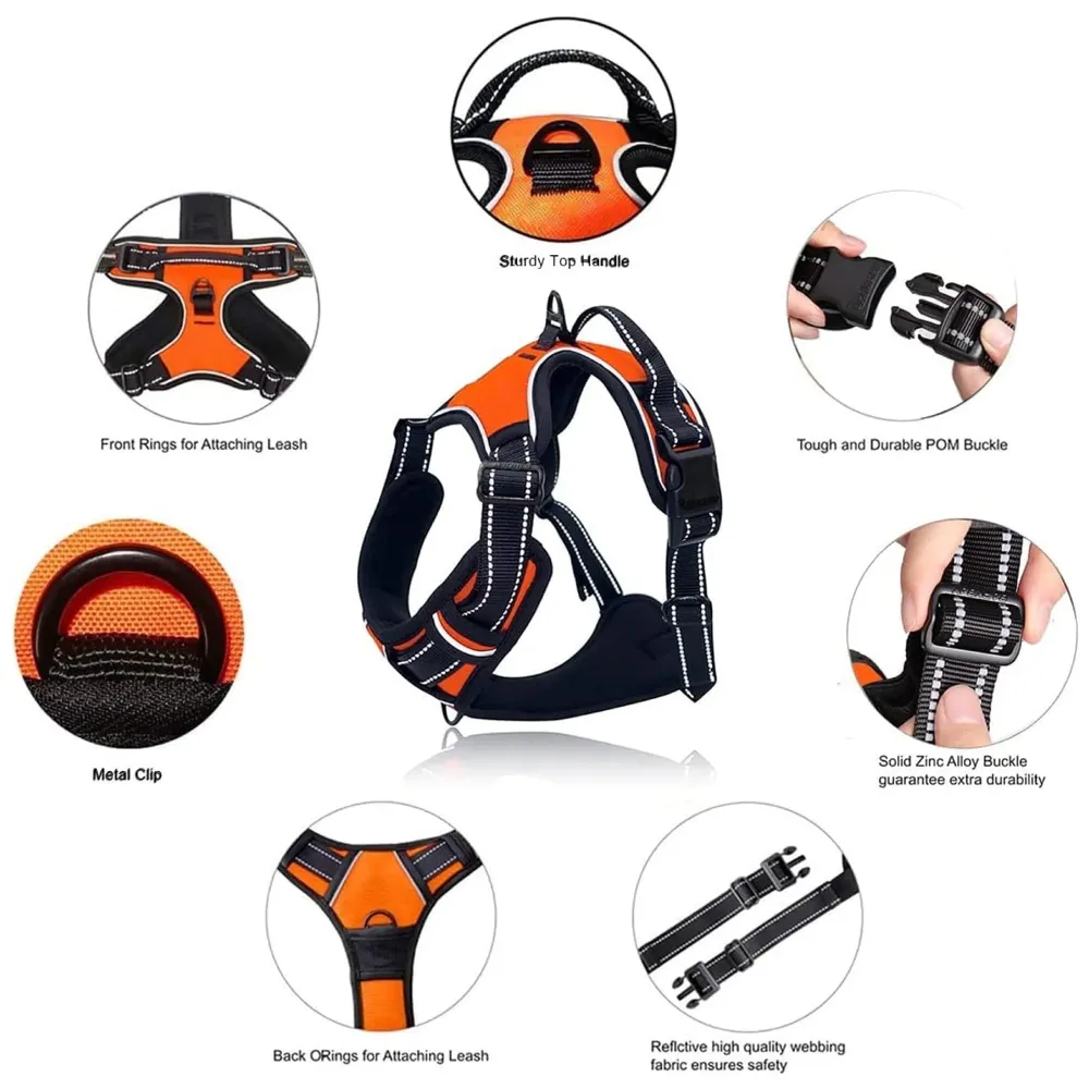 Orange No Pull Dog Harness Mesh Breathable Adjustable Reflective Oxford Easy Control Comfortable Harness. Large 18-26 Inch Girth
