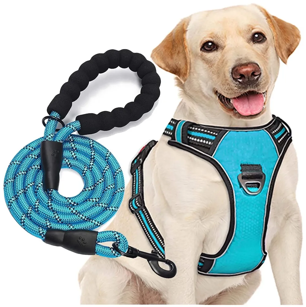 Combo Harness and Leash Blue No Pull Dog Harness Mesh Breathable Adjustable Reflective Oxford Easy Control Comfortable Harness. Large 18-26 Inch Girth