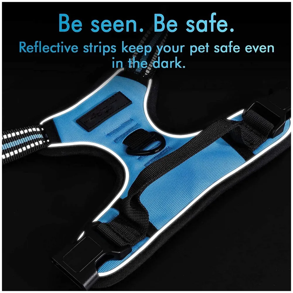 Combo Harness and Leash Blue No Pull Dog Harness Mesh Breathable Adjustable Reflective Oxford Easy Control Comfortable Harness. Large 18-26 Inch Girth