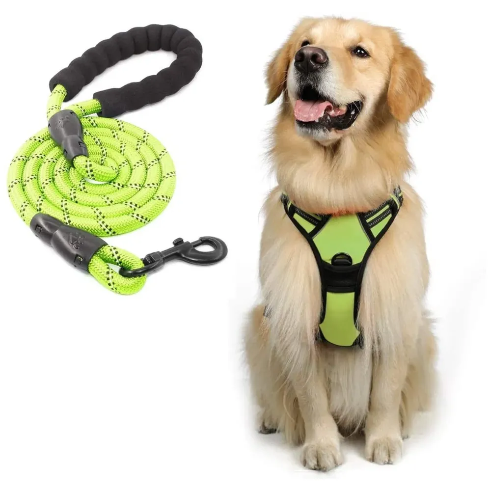 Harness and Leash Combo Green Dog Harness Mesh Breathable Adjustable Reflective Oxford Comfortable Harness. Large Dogs Like Labrador and Golden Retriever