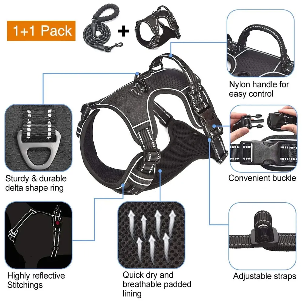 Harness and Leash Combo No Pull Dog Harness Mesh Breathable Adjustable Reflective Oxford Easy Control Comfortable Harness. (Small (13-18 Inch Girth))