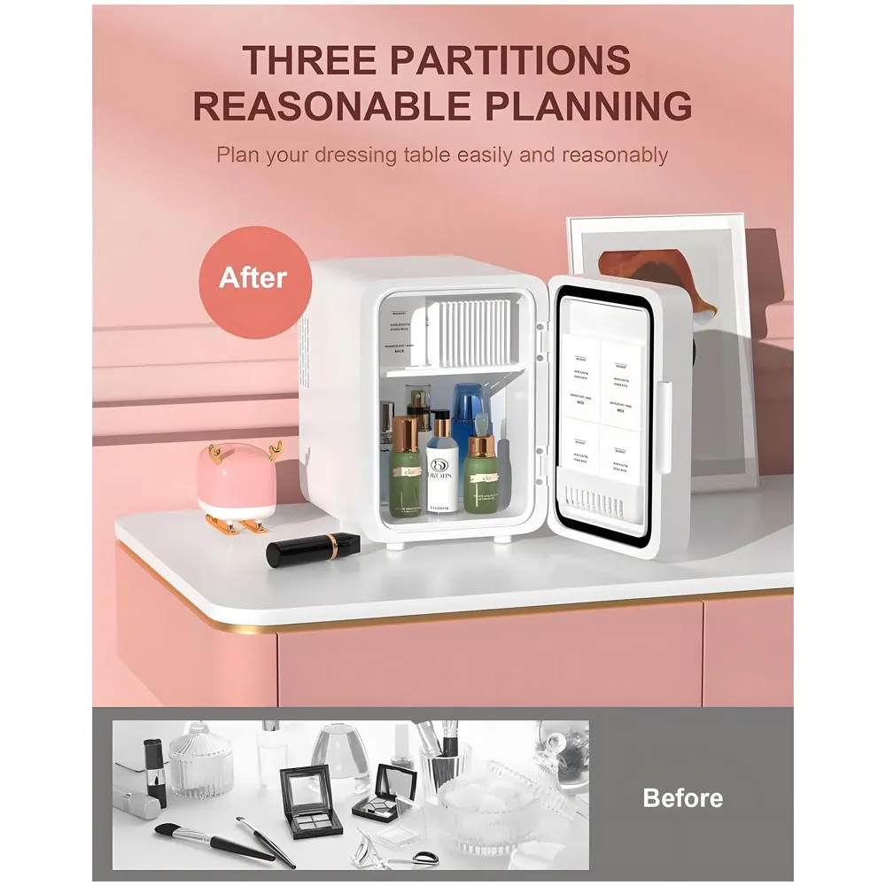 2 in 1 4L Makeup Fridge Cosmetics Cooler & Warmer With Dimmable LED Light Mirror, Mini Fridge for Bedroom, Car, Office Portable Small Refrigerator for Cosmetics, Skin Care and Food, White