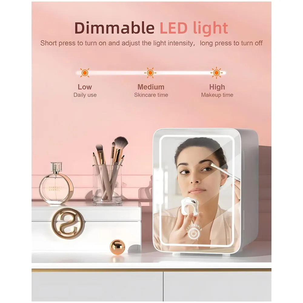 2 in 1 4L Makeup Fridge Cosmetics Cooler & Warmer With Dimmable LED Light Mirror, Mini Fridge for Bedroom, Car, Office Portable Small Refrigerator for Cosmetics, Skin Care and Food, White