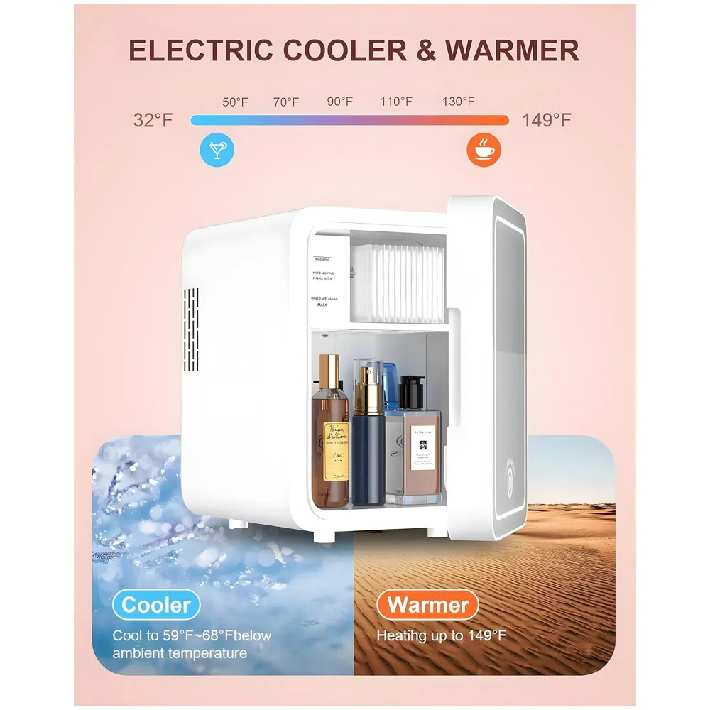 2 in 1 4L Makeup Fridge Cosmetics Cooler & Warmer With Dimmable LED Light Mirror, Mini Fridge for Bedroom, Car, Office Portable Small Refrigerator for Cosmetics, Skin Care and Food, White