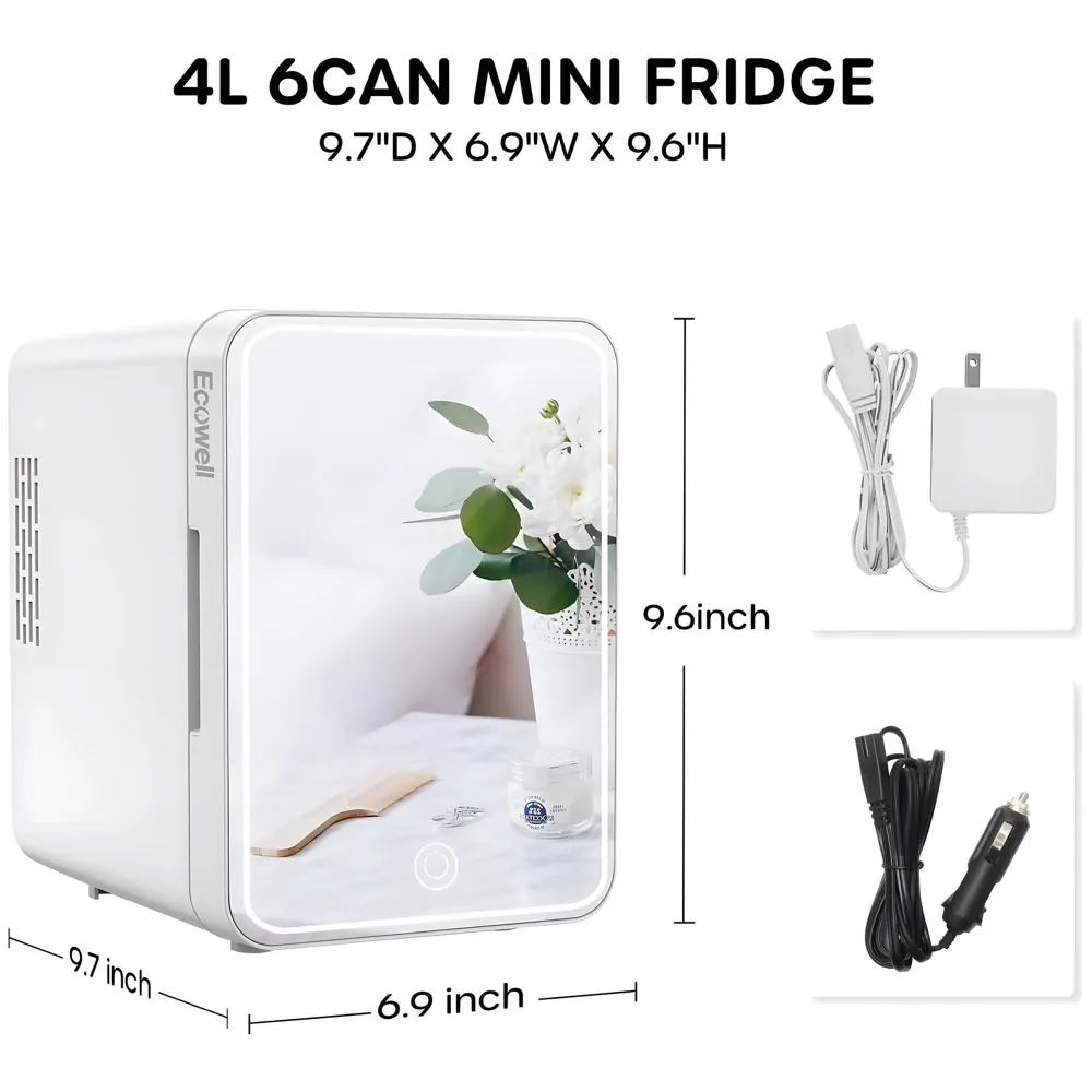2 in 1 4L Makeup Fridge Cosmetics Cooler & Warmer With Dimmable LED Light Mirror, Mini Fridge for Bedroom, Car, Office Portable Small Refrigerator for Cosmetics, Skin Care and Food, White