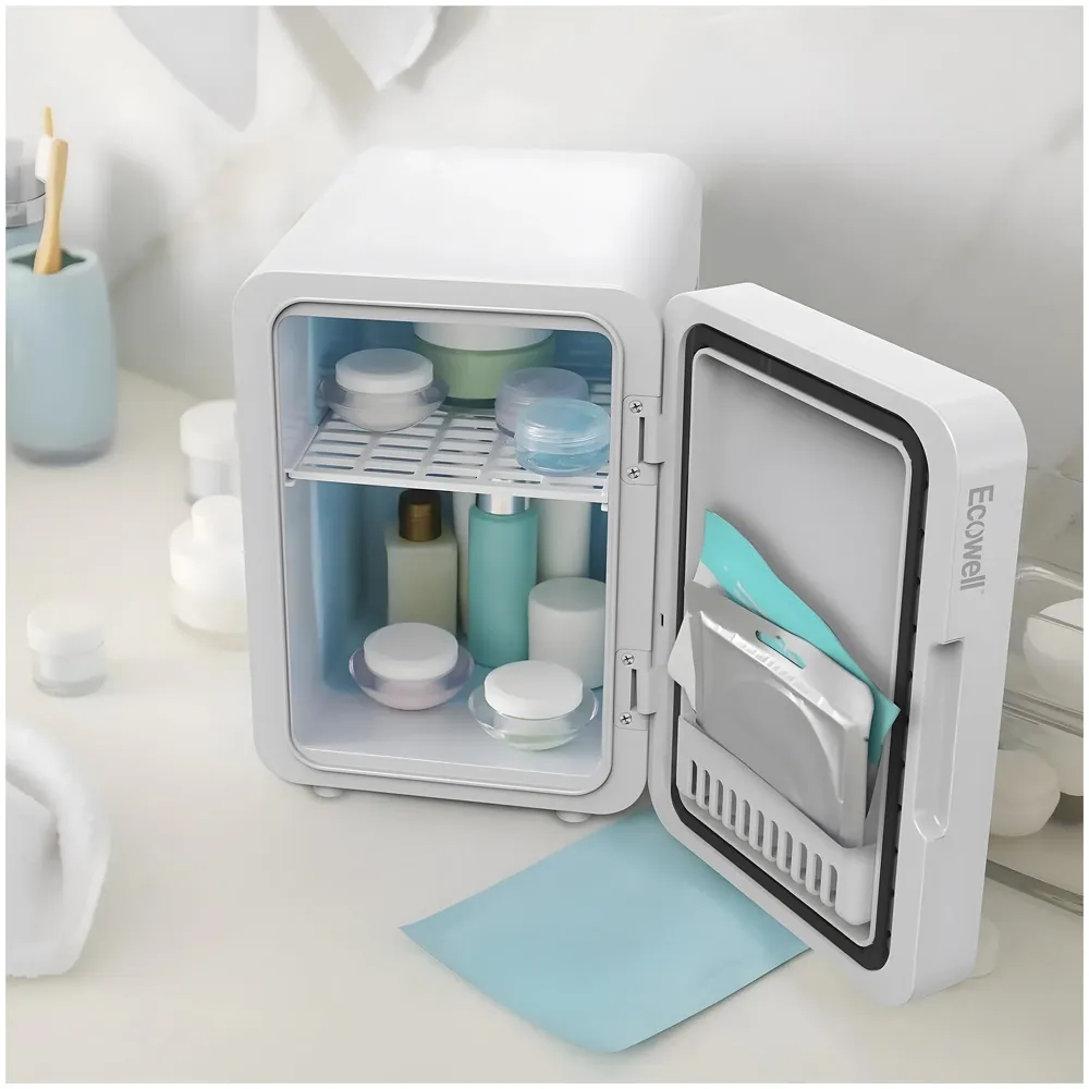 2 in 1 4L Makeup Fridge Cosmetics Cooler & Warmer With Dimmable LED Light Mirror, Mini Fridge for Bedroom, Car, Office Portable Small Refrigerator for Cosmetics, Skin Care and Food, White