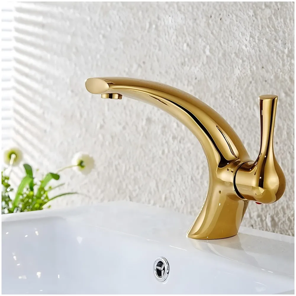 Golden Basin Tap Faucet Mixer Curved for Bathroom Toilets Wash basins Hot and Cold Water 18 x 17 cm (Golden Curve)