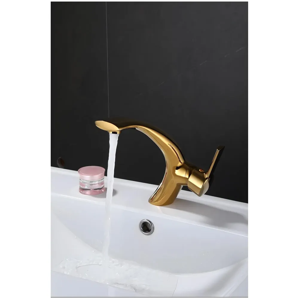 Golden Basin Tap Faucet Mixer Curved for Bathroom Toilets Wash basins Hot and Cold Water 18 x 17 cm (Golden Curve)