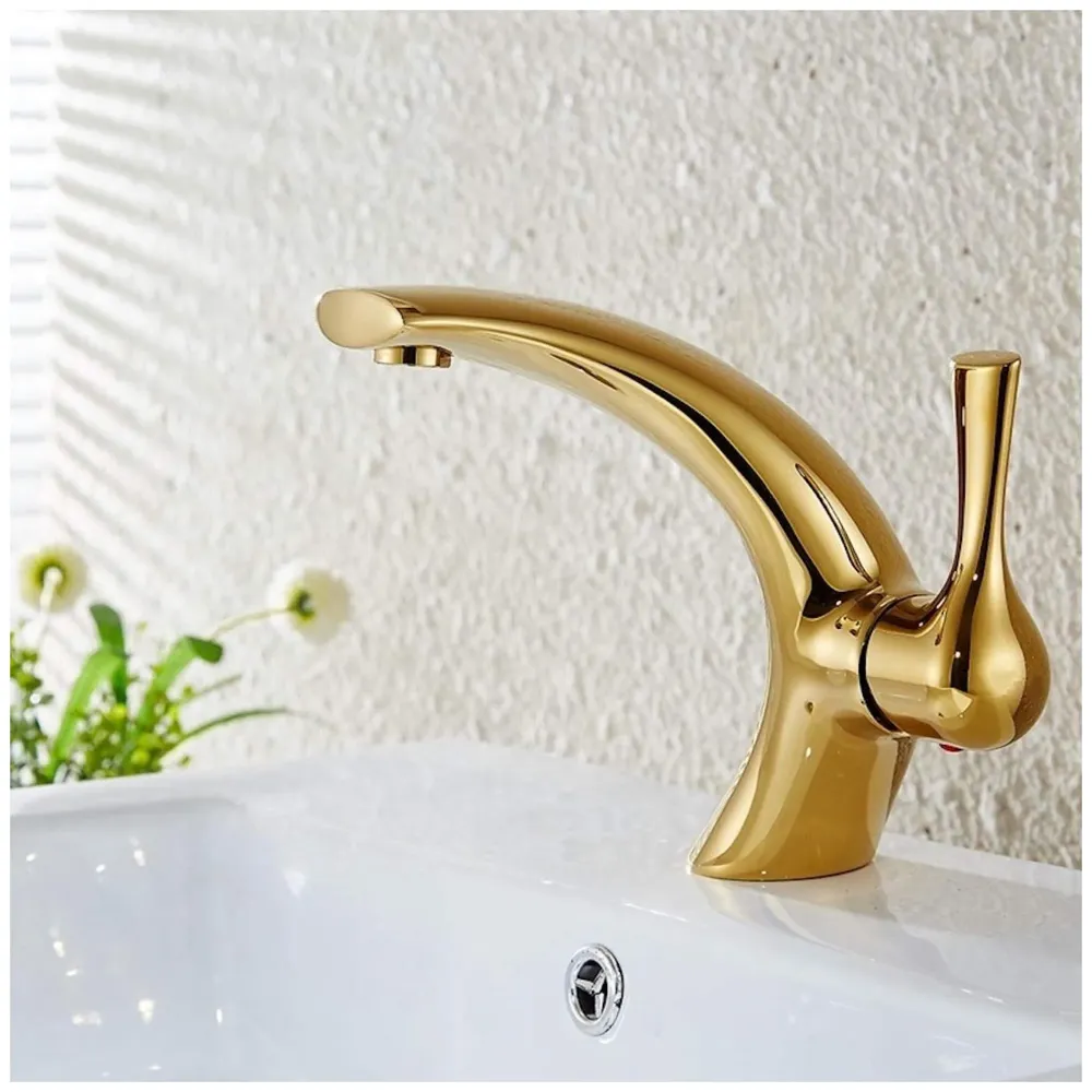 Golden Basin Tap Faucet Mixer Curved for Bathroom Toilets Wash basins Hot and Cold Water 18 x 17 cm (Golden Curve)
