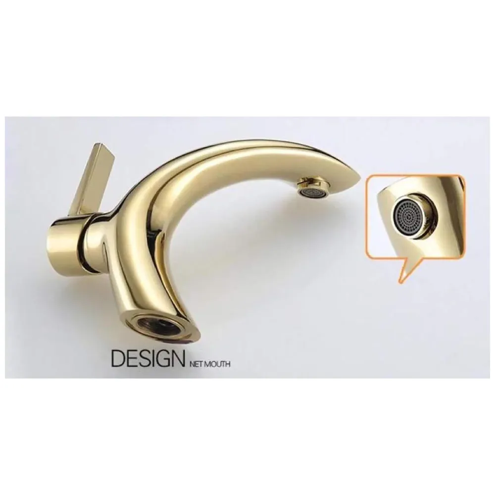 Golden Basin Tap Faucet Mixer Curved for Bathroom Toilets Wash basins Hot and Cold Water 18 x 17 cm (Golden Curve)