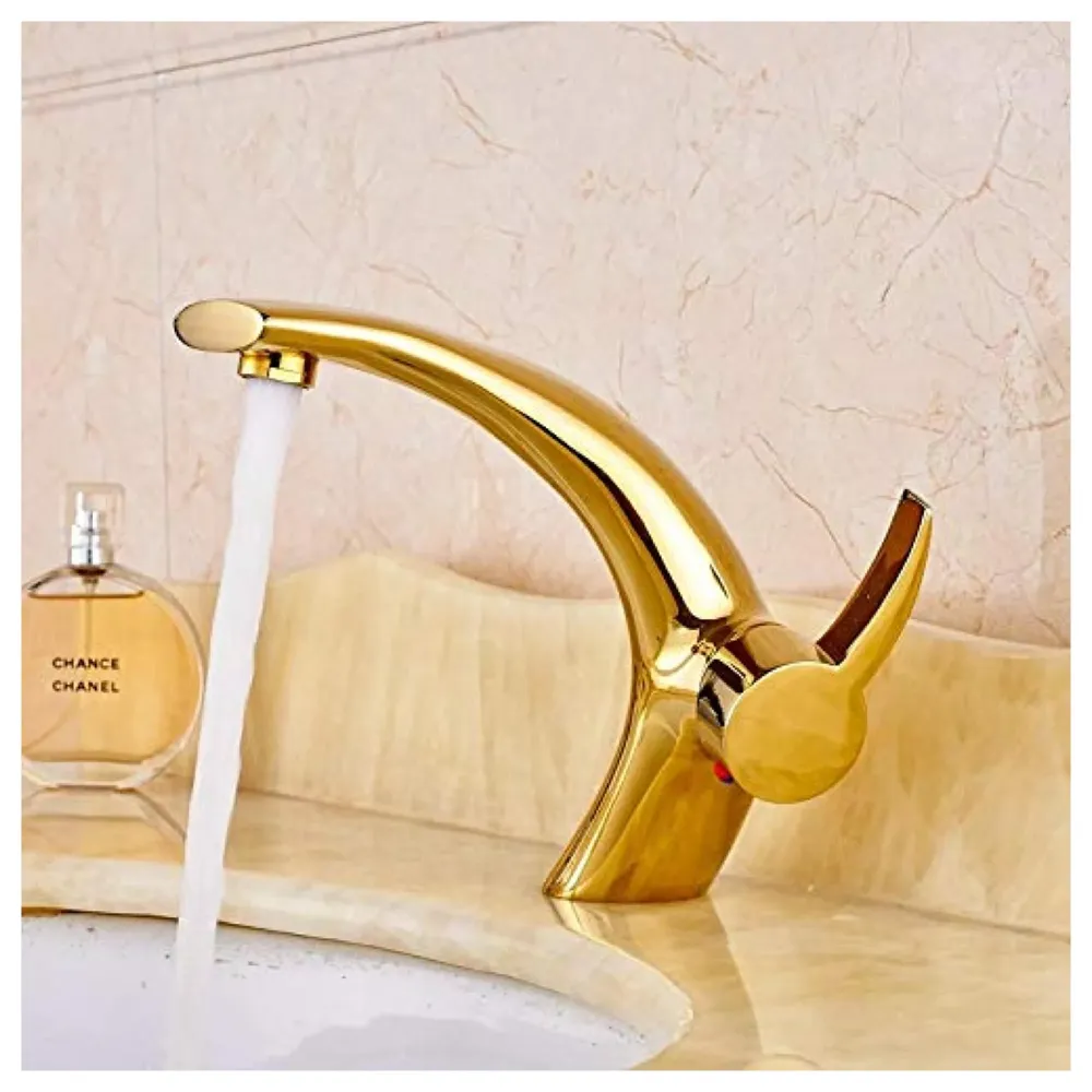 Golden Basin Tap Faucet Mixer Curved for Bathroom Toilets Wash basins Hot and Cold Water 18 x 17 cm (Golden Curve)