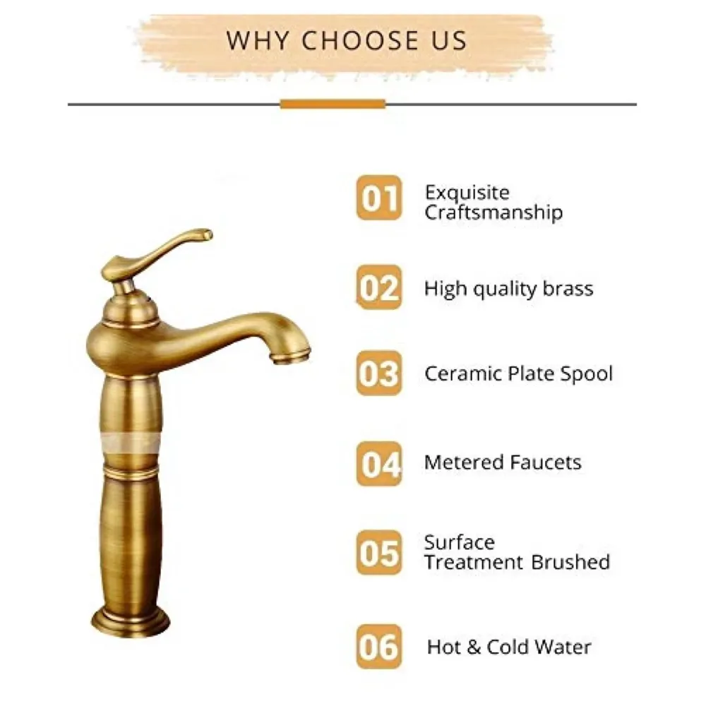 Antique Tap Faucet Basin Mixer for Bathroom Toilets Brown, Brass Material 30 cm Height 12 inches with Pipes