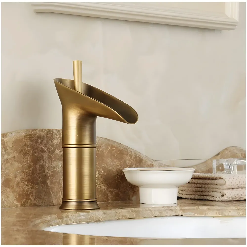 Antique Waterfall Basin Mixer Hot and Cold, 7 Inch Tall Basin Tap Faucet