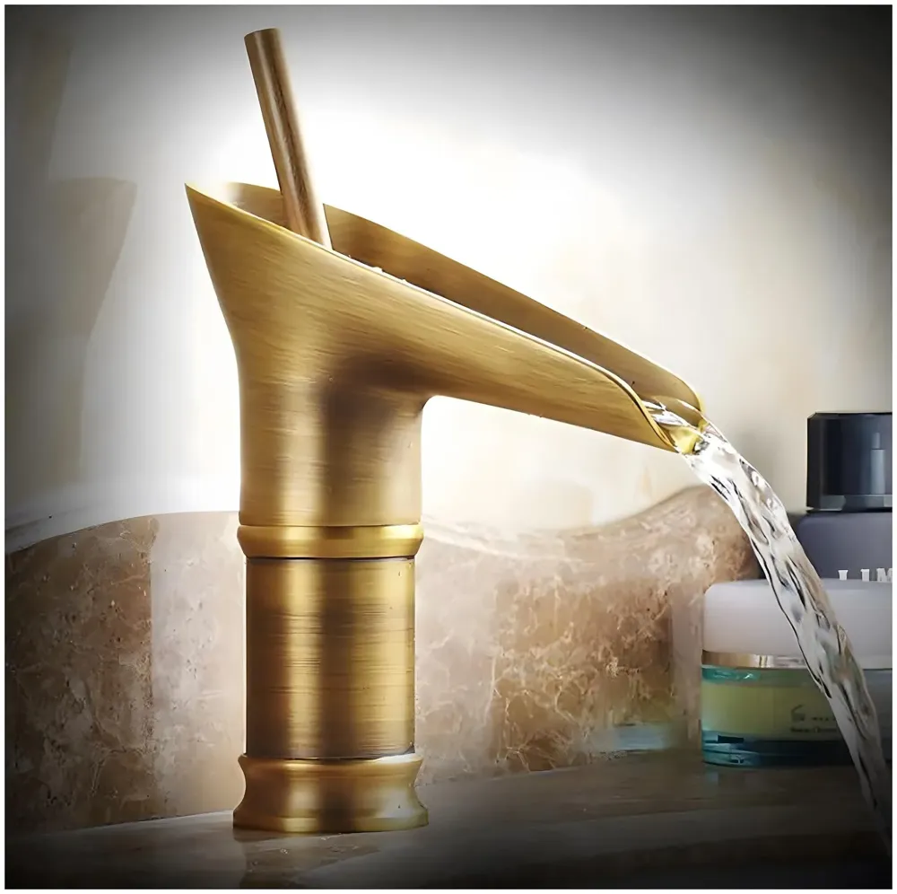 Antique Waterfall Basin Mixer Hot and Cold, 7 Inch Tall Basin Tap Faucet