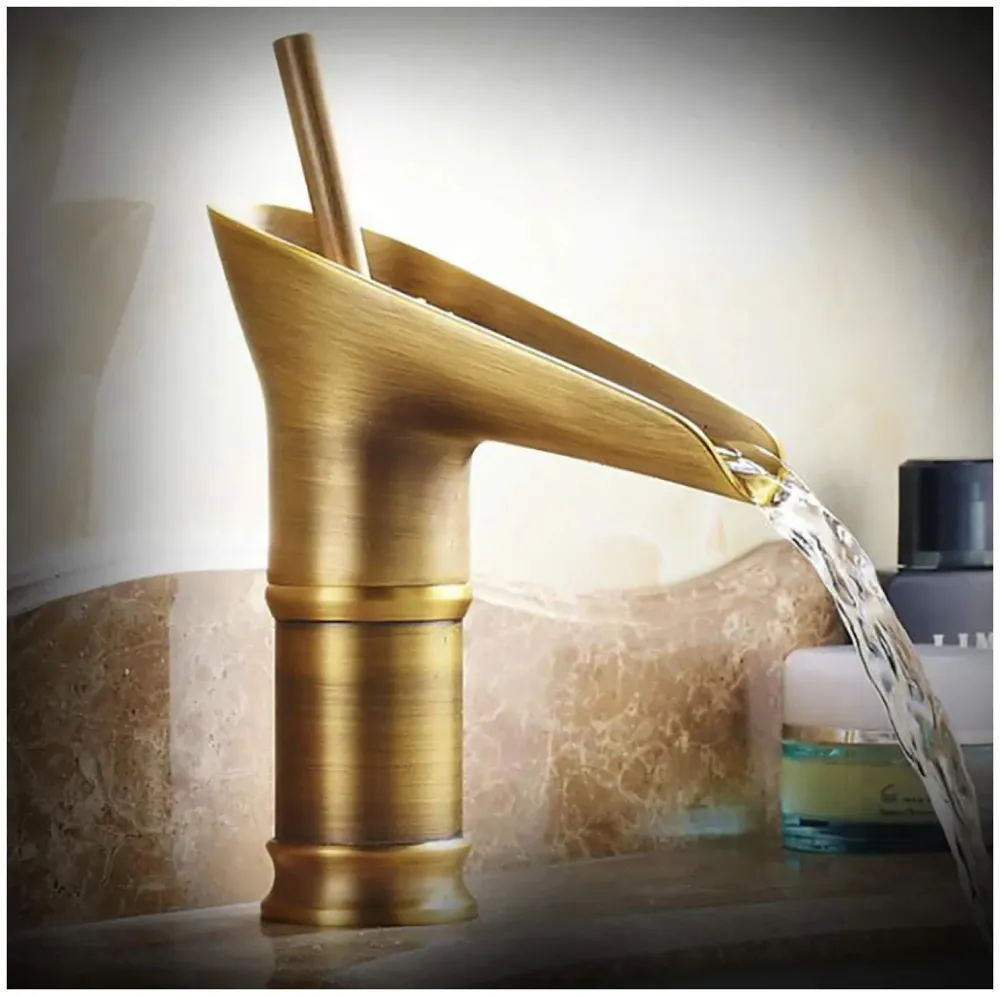Antique Waterfall Basin Mixer Hot and Cold, 7 Inch Tall Basin Tap Faucet