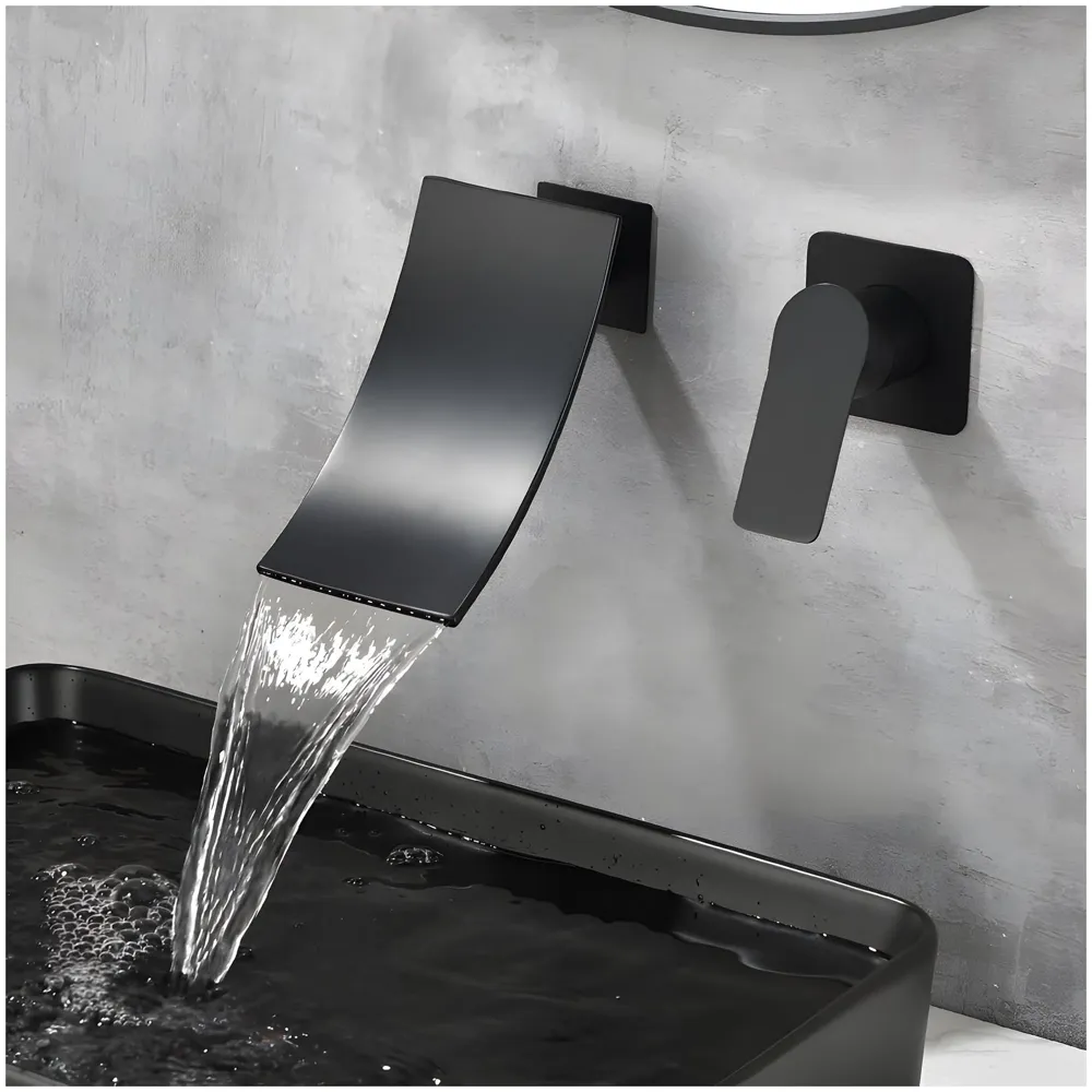 Black Waterfall Faucet Tap Wall Brass Basin Mixer Wall Mixer Sink Mixer Hot and Cold, Black Colour No Concealed Parts Required