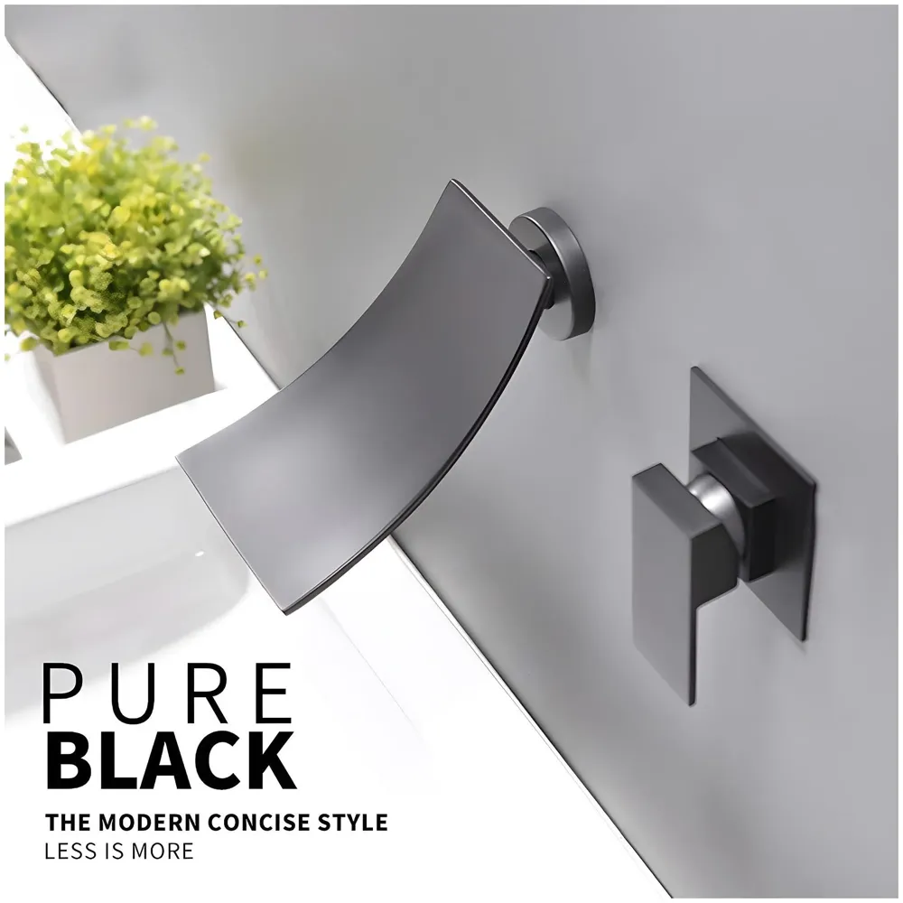 Black Waterfall Faucet Tap Wall Brass Basin Mixer Wall Mixer Sink Mixer Hot and Cold, Black Colour No Concealed Parts Required - 2