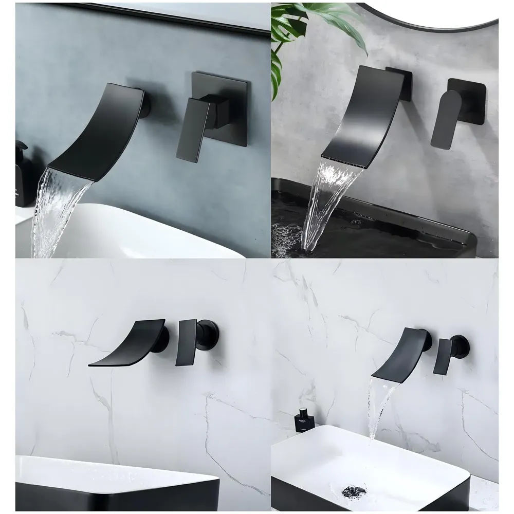 Black Waterfall Faucet Tap Wall Brass Basin Mixer Wall Mixer Sink Mixer Hot and Cold, Black Colour No Concealed Parts Required - 3