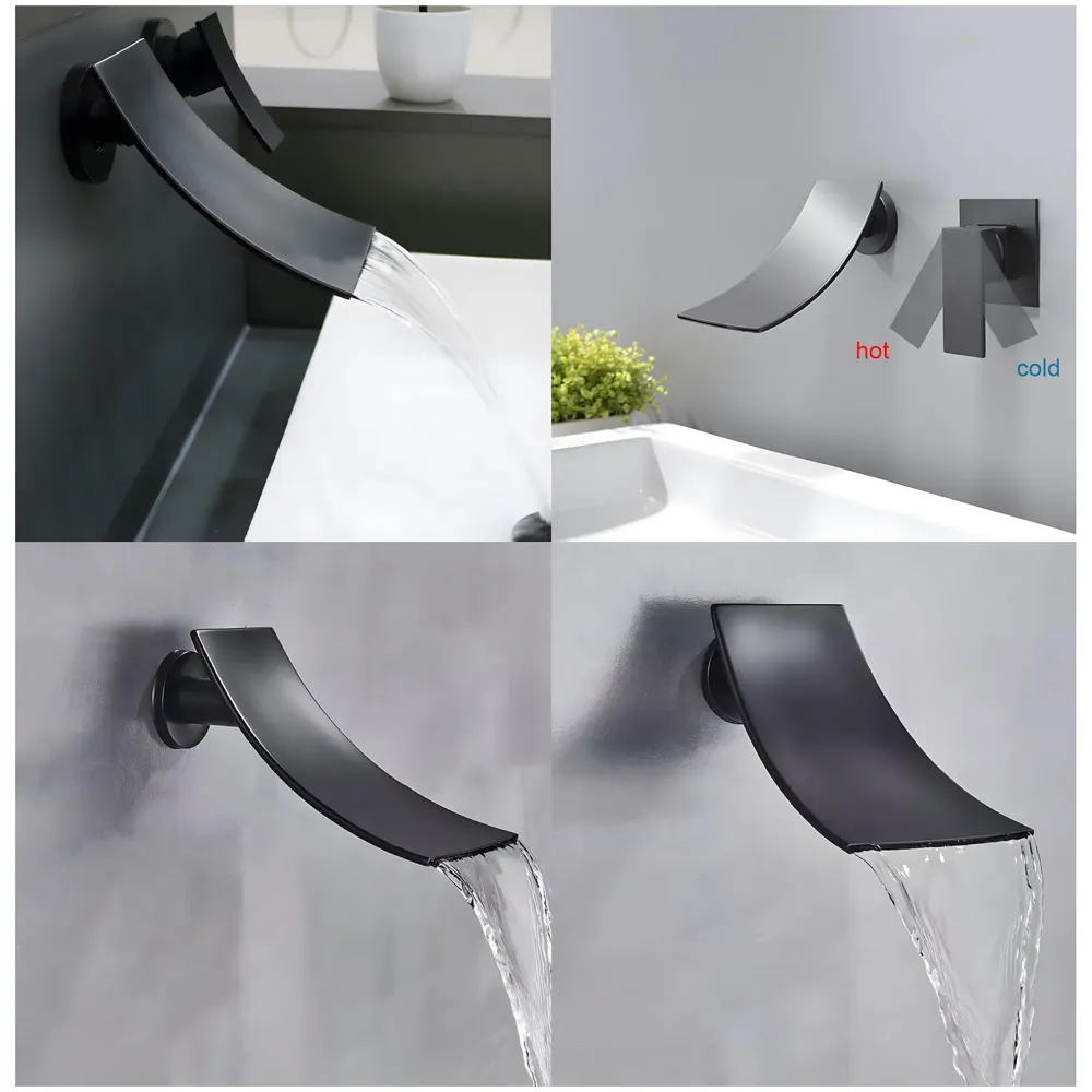 Black Waterfall Faucet Tap Wall Brass Basin Mixer Wall Mixer Sink Mixer Hot and Cold, Black Colour No Concealed Parts Required - 4