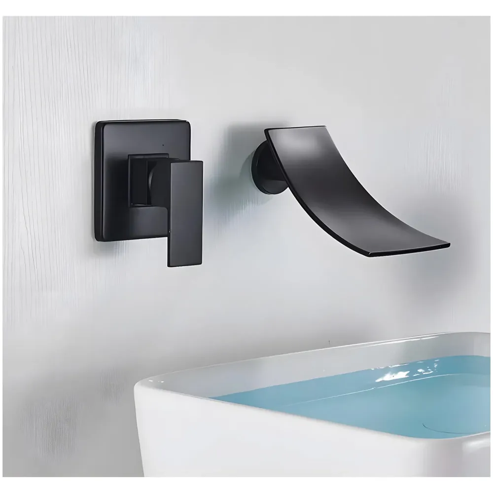 Black Waterfall Faucet Tap Wall Brass Basin Mixer Wall Mixer Sink Mixer Hot and Cold, Black Colour No Concealed Parts Required - 6