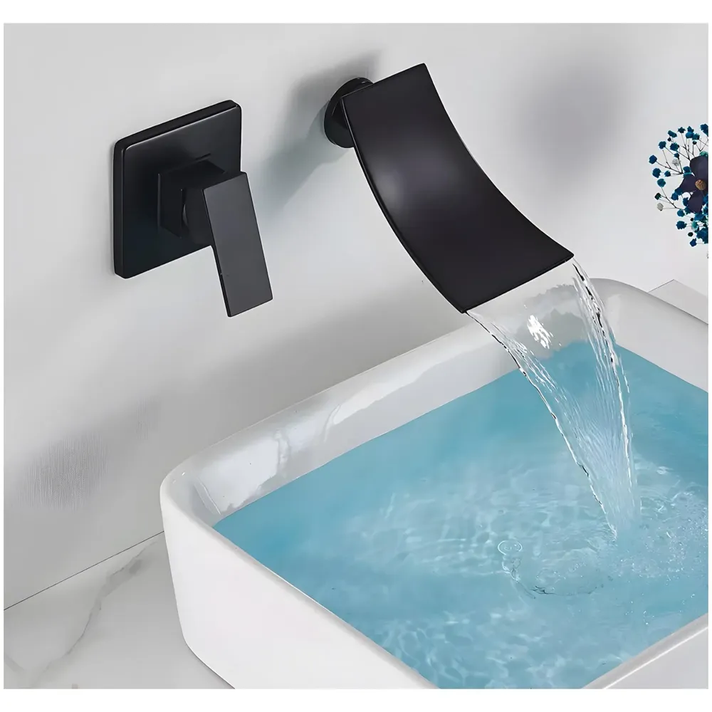 Black Waterfall Faucet Tap Wall Brass Basin Mixer Wall Mixer Sink Mixer Hot and Cold, Black Colour No Concealed Parts Required - 7