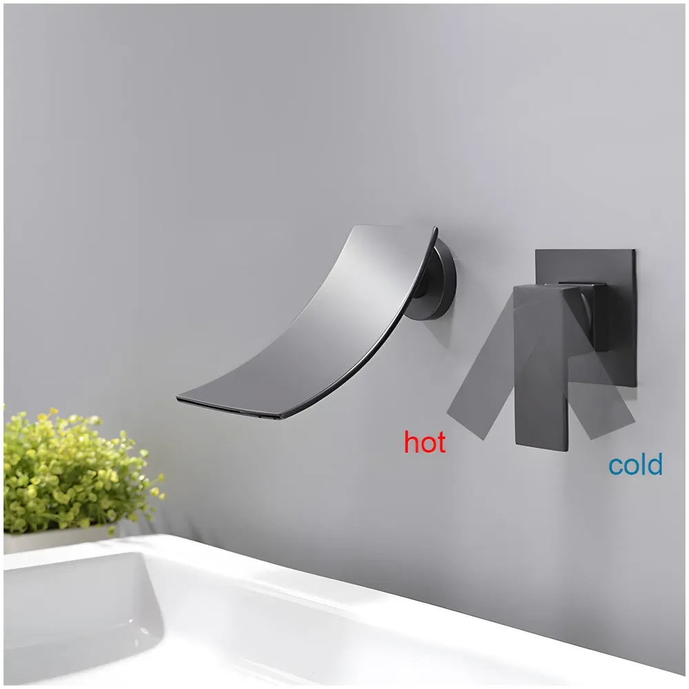 Black Waterfall Faucet Tap Wall Brass Basin Mixer Wall Mixer Sink Mixer Hot and Cold, Black Colour No Concealed Parts Required - 8
