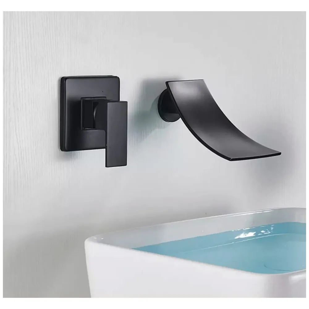 Black Waterfall Faucet Tap Wall Brass Basin Mixer Wall Mixer Sink Mixer Hot and Cold, Black Colour No Concealed Parts Required