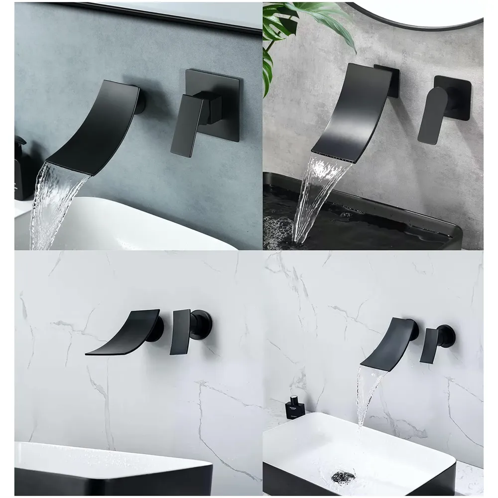 Black Waterfall Faucet Tap Wall Brass Basin Mixer Wall Mixer Sink Mixer Hot and Cold, Black Colour No Concealed Parts Required