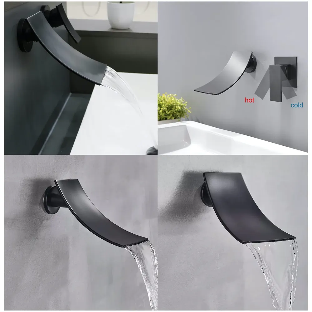 Black Waterfall Faucet Tap Wall Brass Basin Mixer Wall Mixer Sink Mixer Hot and Cold, Black Colour No Concealed Parts Required