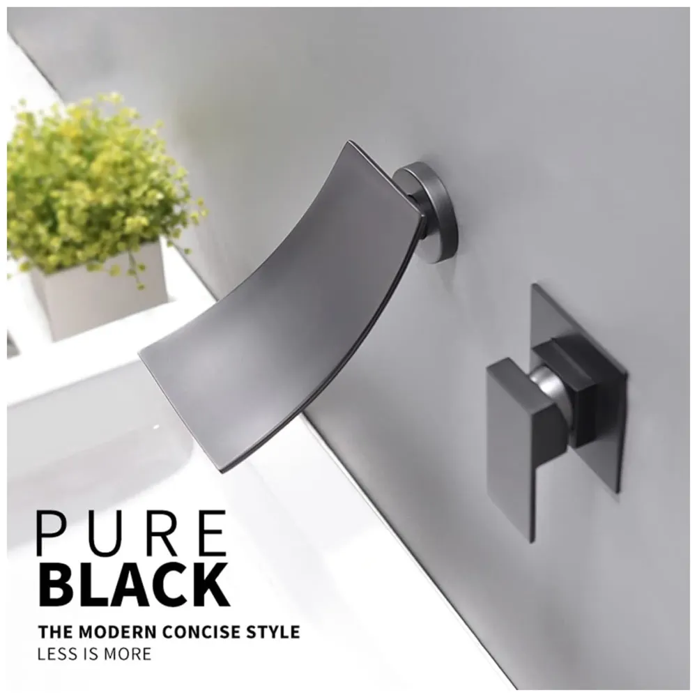 Black Waterfall Faucet Tap Wall Brass Basin Mixer Wall Mixer Sink Mixer Hot and Cold, Black Colour No Concealed Parts Required