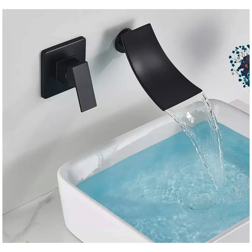 Black Waterfall Faucet Tap Wall Brass Basin Mixer Wall Mixer Sink Mixer Hot and Cold, Black Colour No Concealed Parts Required