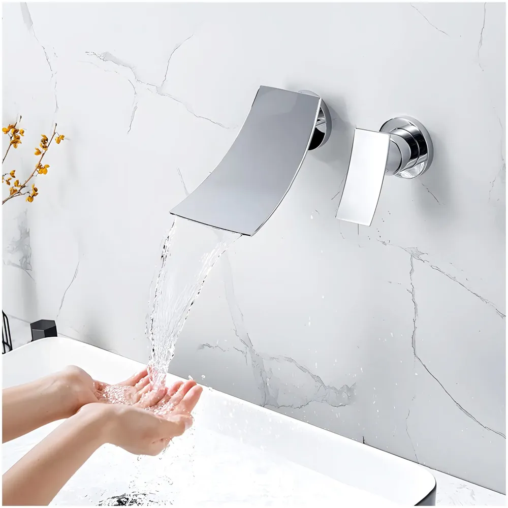 Waterfall Brass Chrome Silver Wall Mixer Hot and Cold Basin Tap Faucet Sink Mixer Chrome Colour wall spout with Concealed Parts