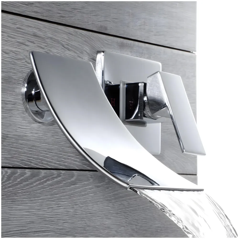 Waterfall Brass Chrome Silver Wall Mixer Hot and Cold Basin Tap Faucet Sink Mixer Chrome Colour wall spout with Concealed Parts