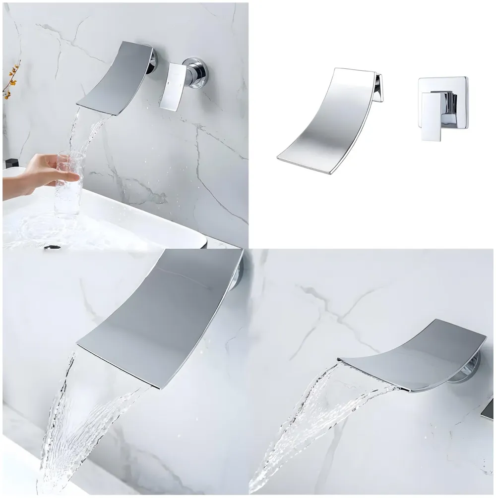 Waterfall Brass Chrome Silver Wall Mixer Hot and Cold Basin Tap Faucet Sink Mixer Chrome Colour wall spout with Concealed Parts